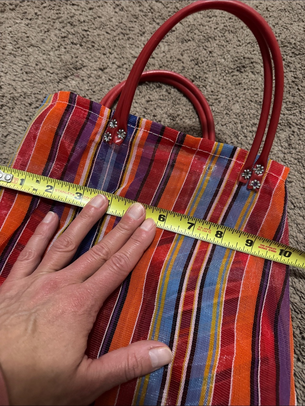 Vintage Woven Plastic Tote Bag-Rainbow Stripes-Mesh Look-Hand Carry Double Strap - Picture 13 of 13